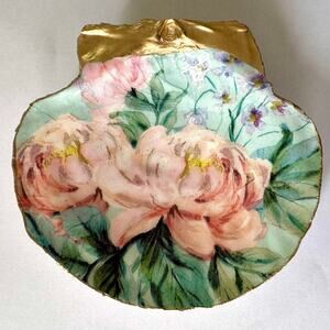 Vintage Pink Botanical Floral Trinket Dish with Gold Rim